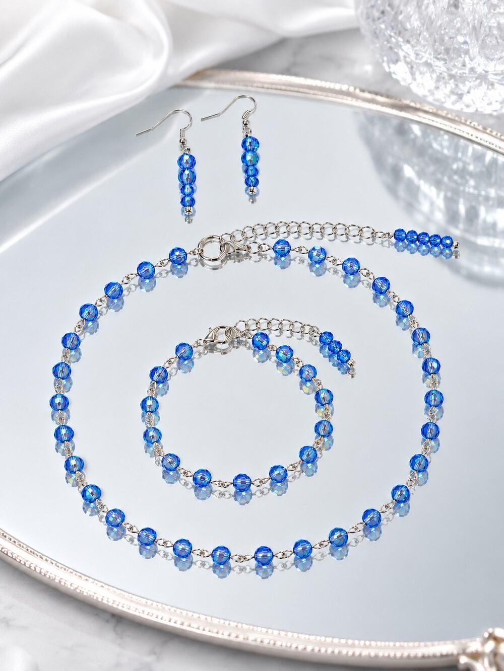 Blue Swarovski Beaded Necklace, Earrings & Bracelet Jewelry Set